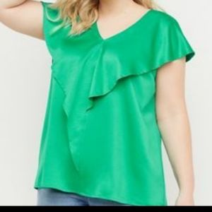 LANE BRYANT Emerald Green Satin Ruffle TOP